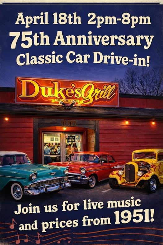 Duke's Grill 75th Anniversary Classic Car Drive-In event at Duke's Grill in Monroe, NC on April 18, 2026