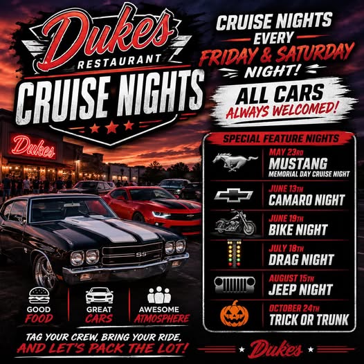 Dukes Restaurant Cruise Nights event at Dukes Restaurant in Mokena, IL on May 6, 2026