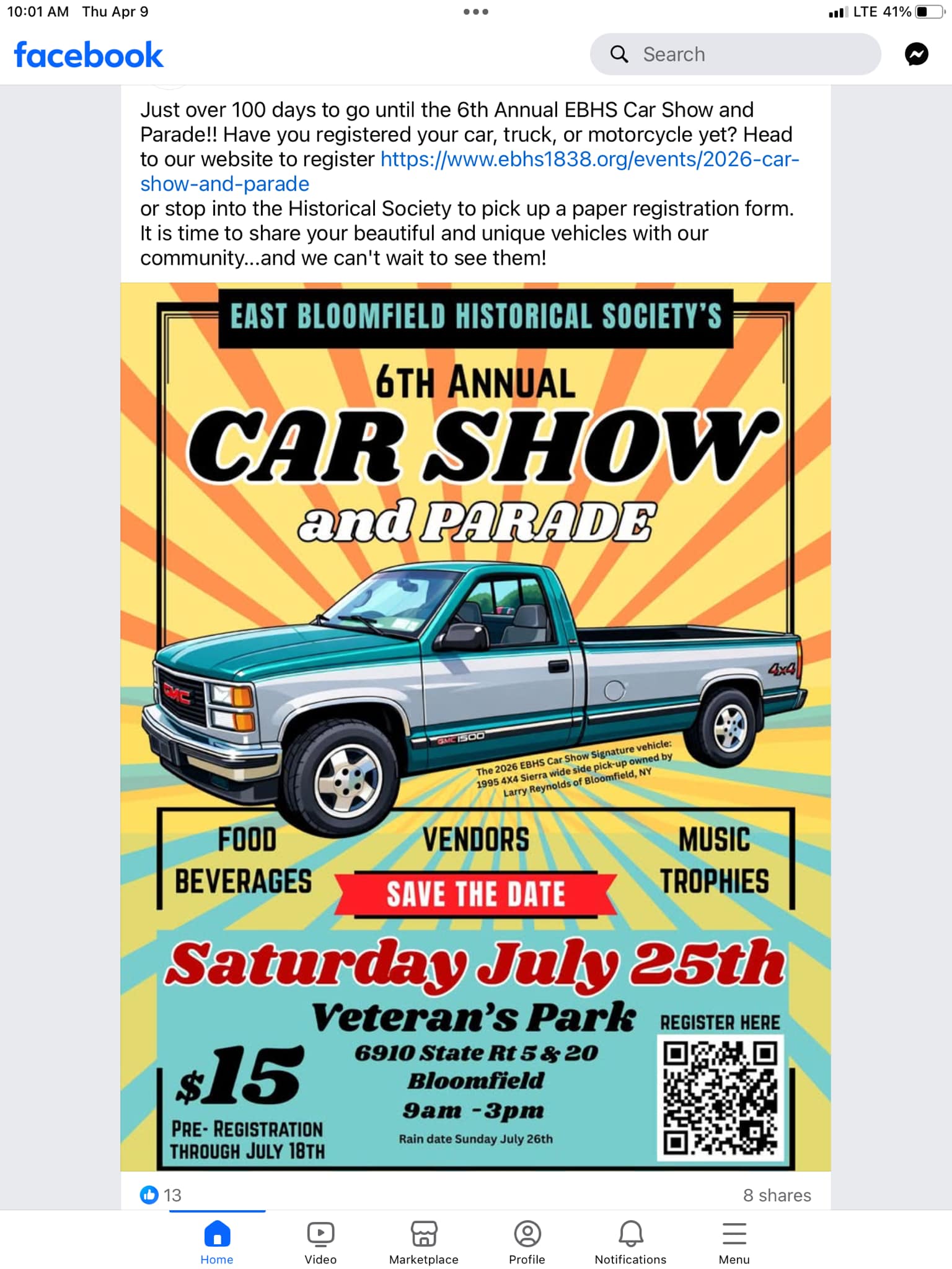 East Bloomfield Historical Society's 6th Annual Car Show and Parade event at Veteran's Park in Bloomfield, NY on July 25, 2026