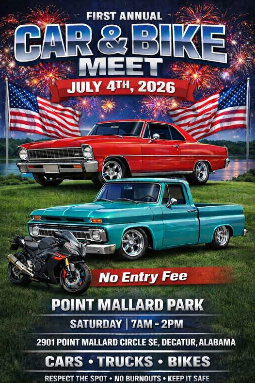 First Annual Car & Bike Meet event at Point Mallard Park in Decatur, AL on July 4, 2026