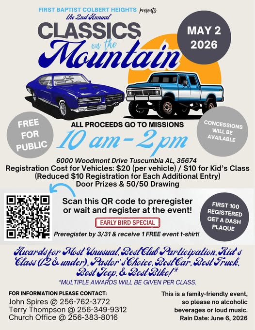 First Baptist Colbert Heights 2nd Annual Classics on the Mountain event at 6000 Woodmont Drive in Tuscumbia, AL on May 2, 2026
