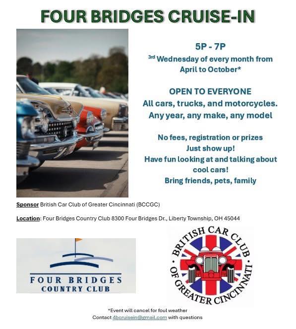 Four Bridges Cruise-In event at Four Bridges Country Club in Liberty Township, OH on May 18, 2026