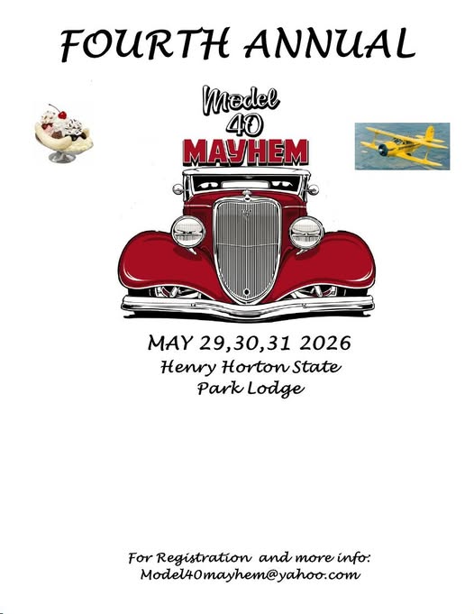 Fourth Annual Model 40 Mayhem event at Henry Horton State Park Lodge in Chapel Hill, TN on May 29, 2026