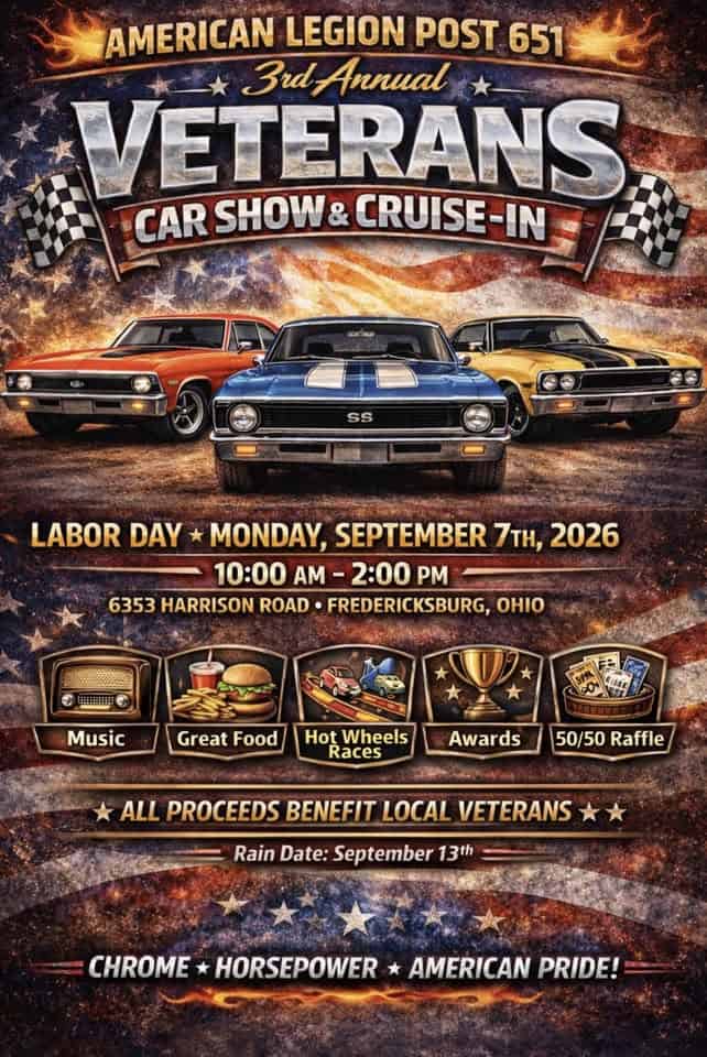 Fredericksburg 3rd annual Veterans car show & cruise in event at 6353 Harrison Rd in Fredericksburg, OH on September 7, 2026