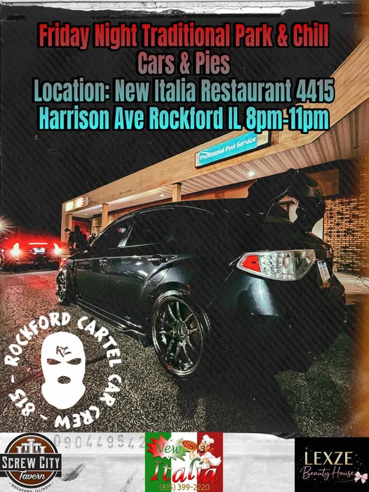 Friday Night Traditional Park & Chill Cars & Pies event at New Italia Restaurant in Rockford, IL on May 1, 2026