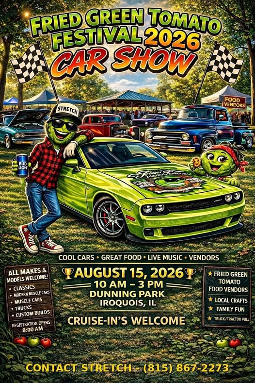 Fried Green Tomato Festival 2026 Car Show event at Dunning Park in Iroquois, IL on August 15, 2026