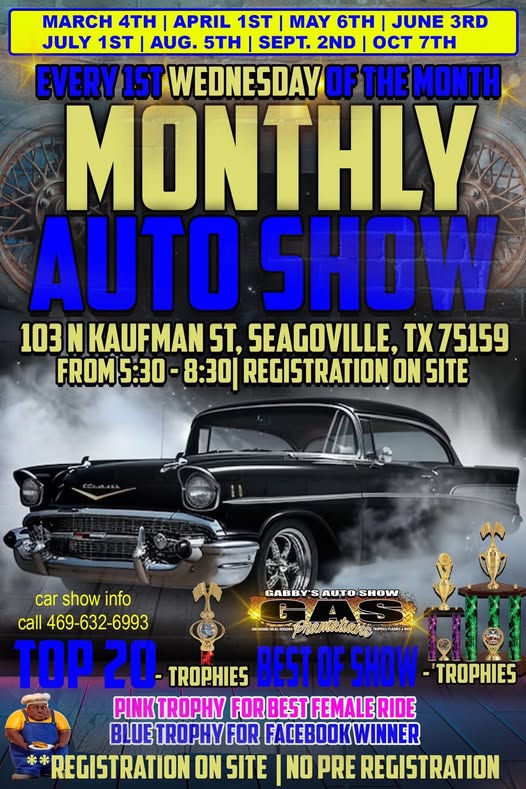 Gabby's Auto Show Monthly Auto Show event at 103 N Kaufman St in Seagoville, TX on May 4, 2026