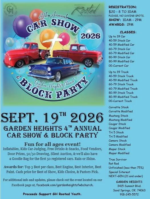 Garden Heights Church 4th Annual Car Show & Block Party car show in Sand Springs, OK