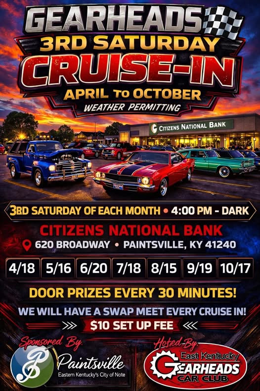 Gearheads 3rd Saturday Cruise-In event at Citizens National Bank in Paintsville, KY on May 21, 2026