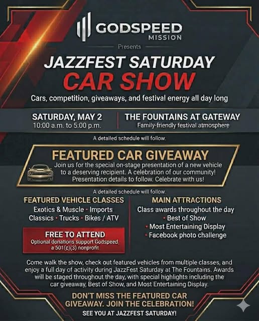 Godspeed Mission Presents Jazzfest Saturday Car Show event at The Fountains At Gateway in Murfreesboro, TN on May 2, 2026