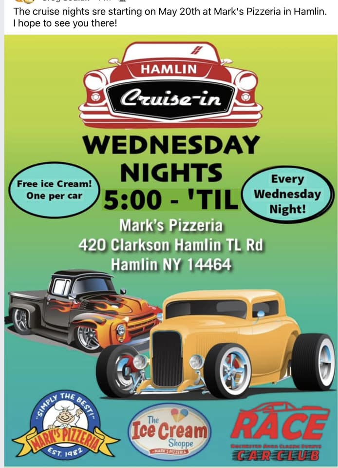 Hamlin Cruise-in event at Mark's Pizzeria in Hamlin, NY on May 4, 2026