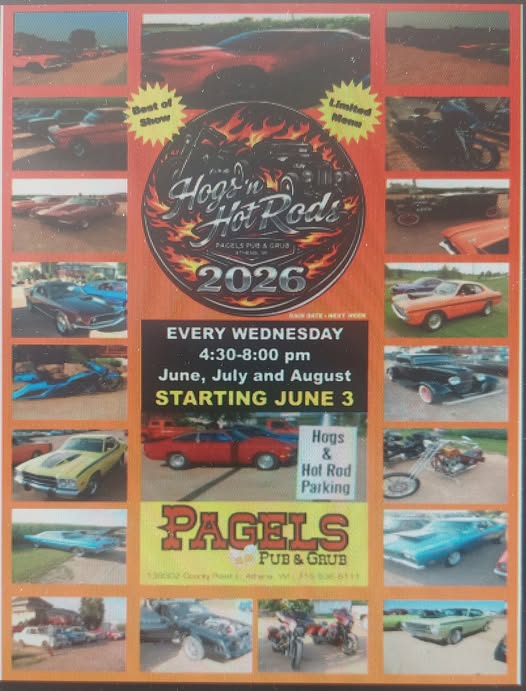 Hogs 'n Hot Rods 2026 event at Pagels Pub & Grub in Athens, WI on June 3, 2026