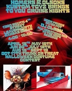 Homers and Olsons Kustom Toyz cruise night event at 1320 S 4Th St in Leavenworth, KS on April 18, 2026