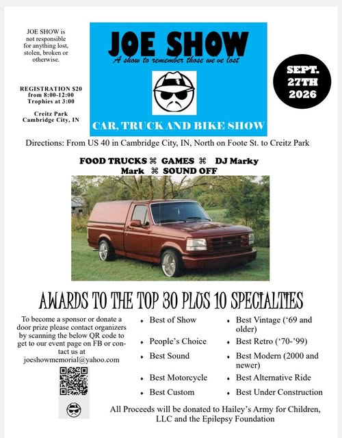 Joe Show Car, Truck and Bike Show event at Creitz Park in Cambridge City, IN on September 27, 2026