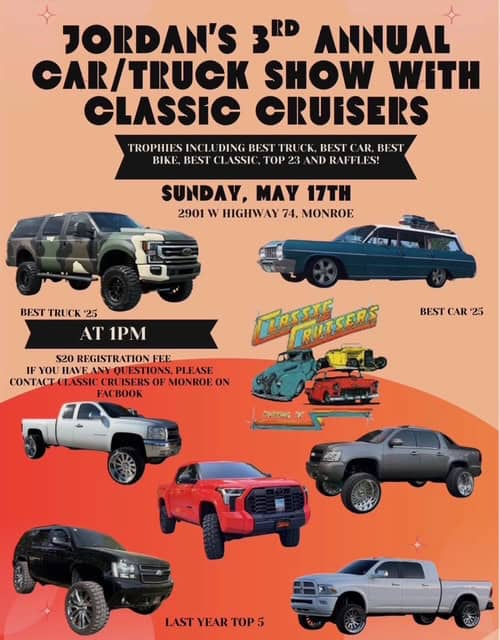 Jordan's 3rd Annual Car/Truck Show w/Classic Cruisers of Monroe event at 2901 W Roosevelt Blvd in Monroe, NC on May 17, 2026