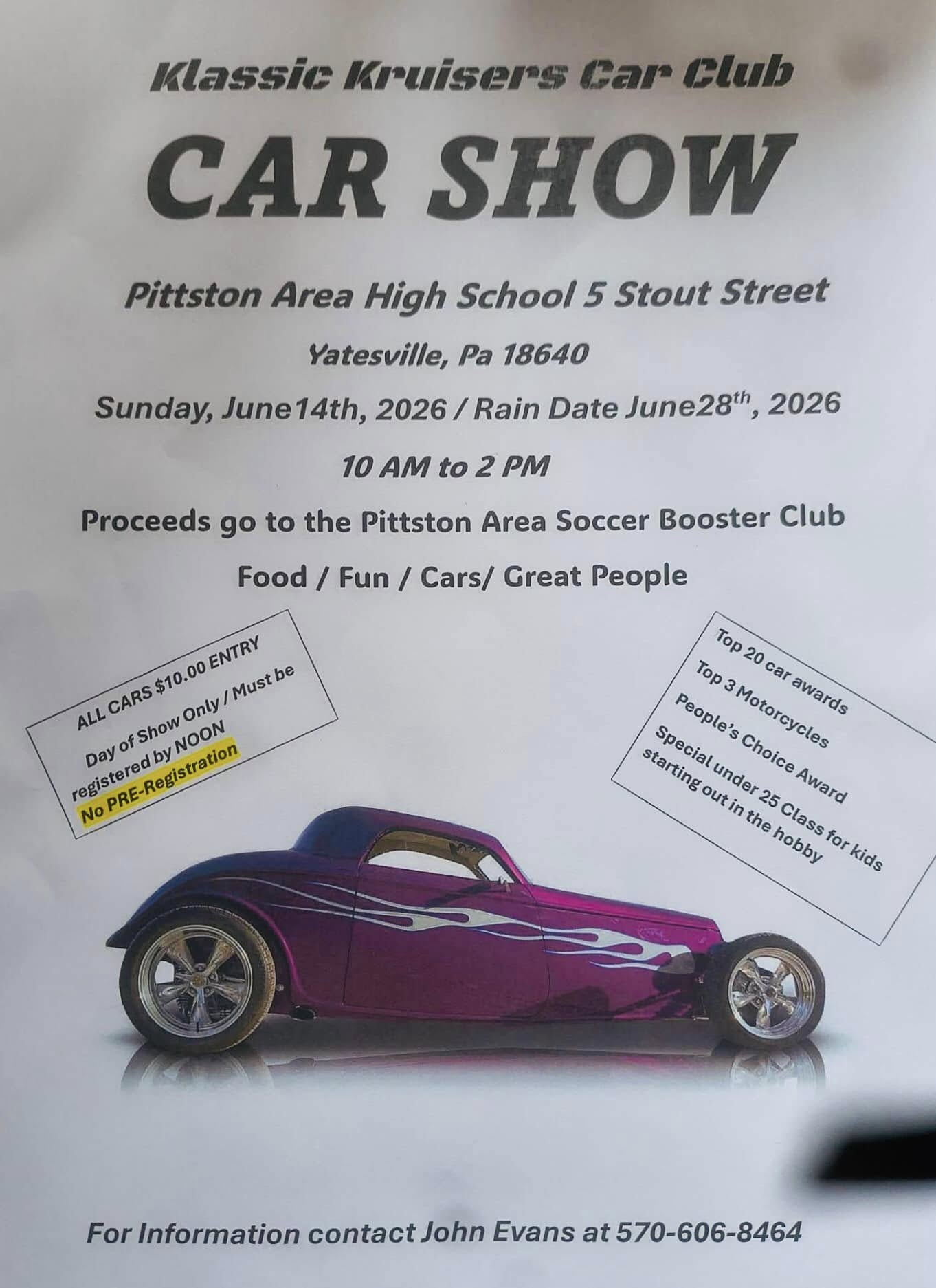 Klassic Kruisers Car Club Car Show event at Pittston Area High School in Yatesville, PA on June 14, 2026