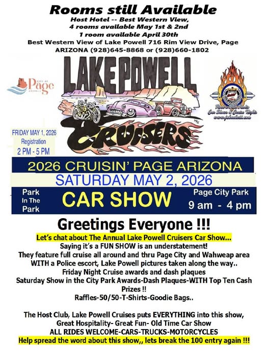 Lake Powell Cruisers 2026 Cruisin’ Page Arizona Car Show event at Page City Park in Page, AZ on May 2, 2026