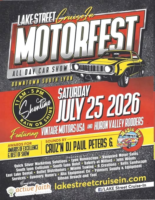 Lake Street Cruise In Motorfest event at Downtown South Lyon in South Lyon, MI on July 25, 2026