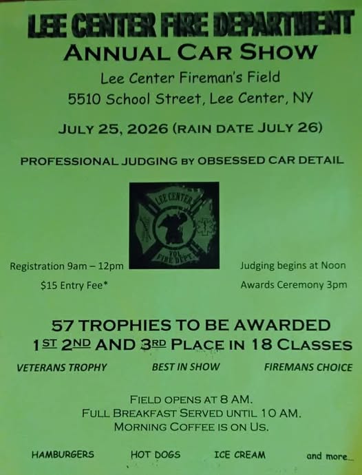 Lee Center Fire Department Annual Car Show event at Lee Center Fireman's Field in Lee Center, NY on July 25, 2026