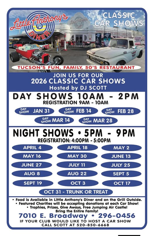 Little Anthony's Classic Car Shows event at Little Anthony's Diner in Tucson, AZ on April 4, 2026