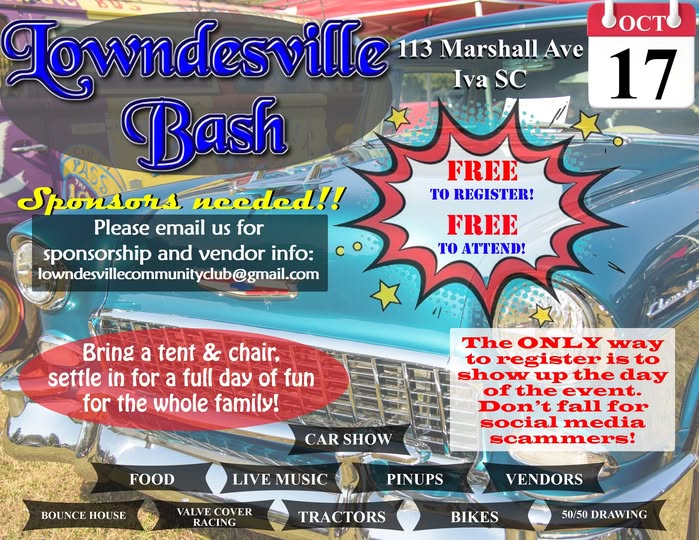 Lowndesville Bash event at 113 Marshall Ave in Iva, SC on October 17, 2026