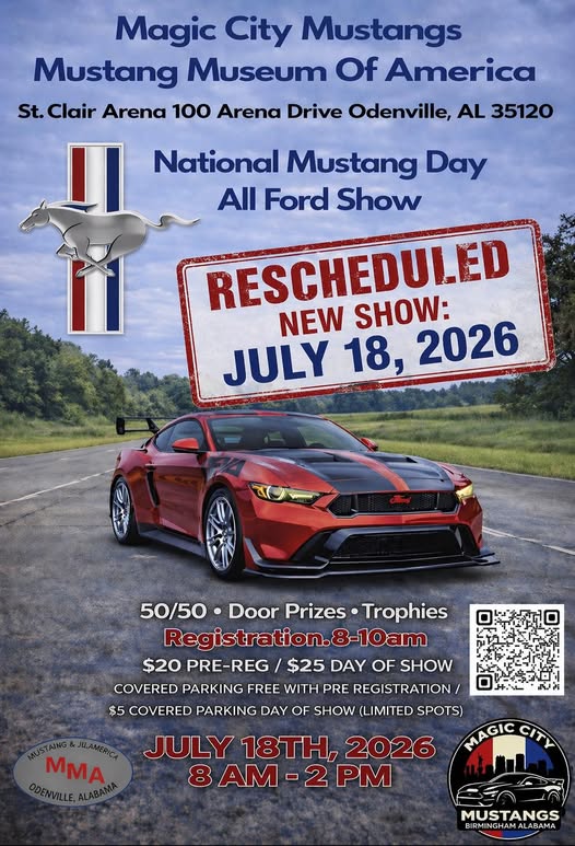 Magic City Mustangs Mustang Museum Of America National Mustang Day All Ford Show event at St. Clair Arena in Odenville, AL on July 18, 2026