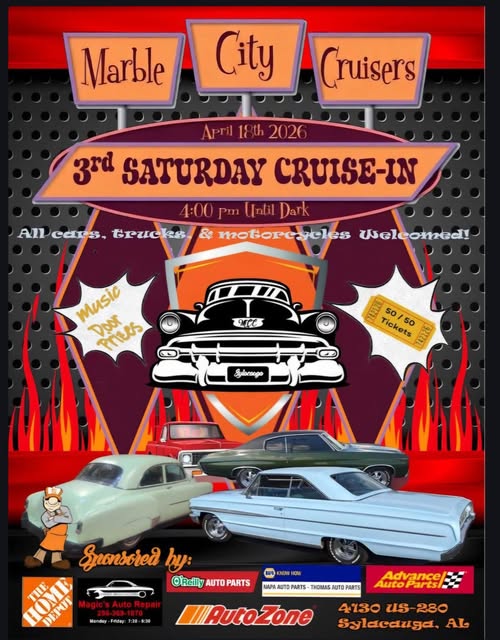 Marble City Cruisers 3Rd Saturday Cruise-In event at 4730 Us-280 in Sylacauga, AL on April 18, 2026