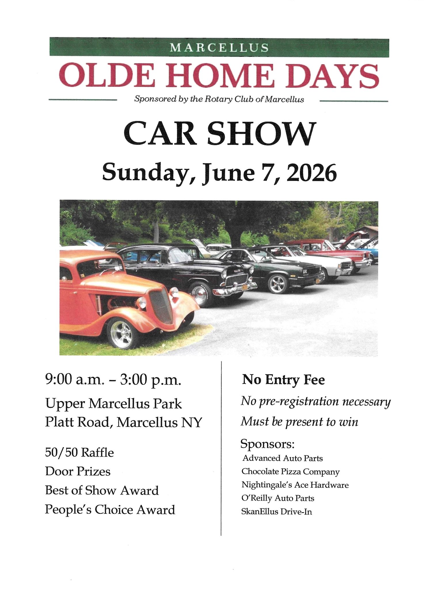 Marcellus Olde Home Days Car Show event at Upper Marcellus Park in Marcellus, NY on June 7, 2026