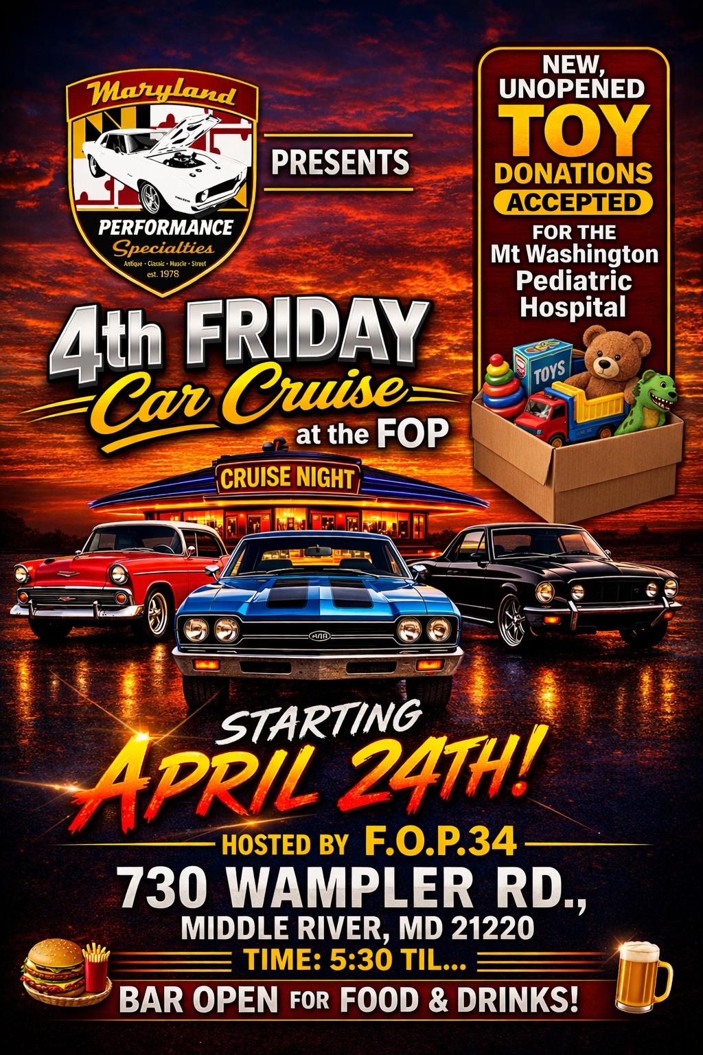 Maryland Performance Specialties Presents 4Th Friday Car Cruise At The Fop event at F.O.P. in Middle River, MD on April 24, 2026