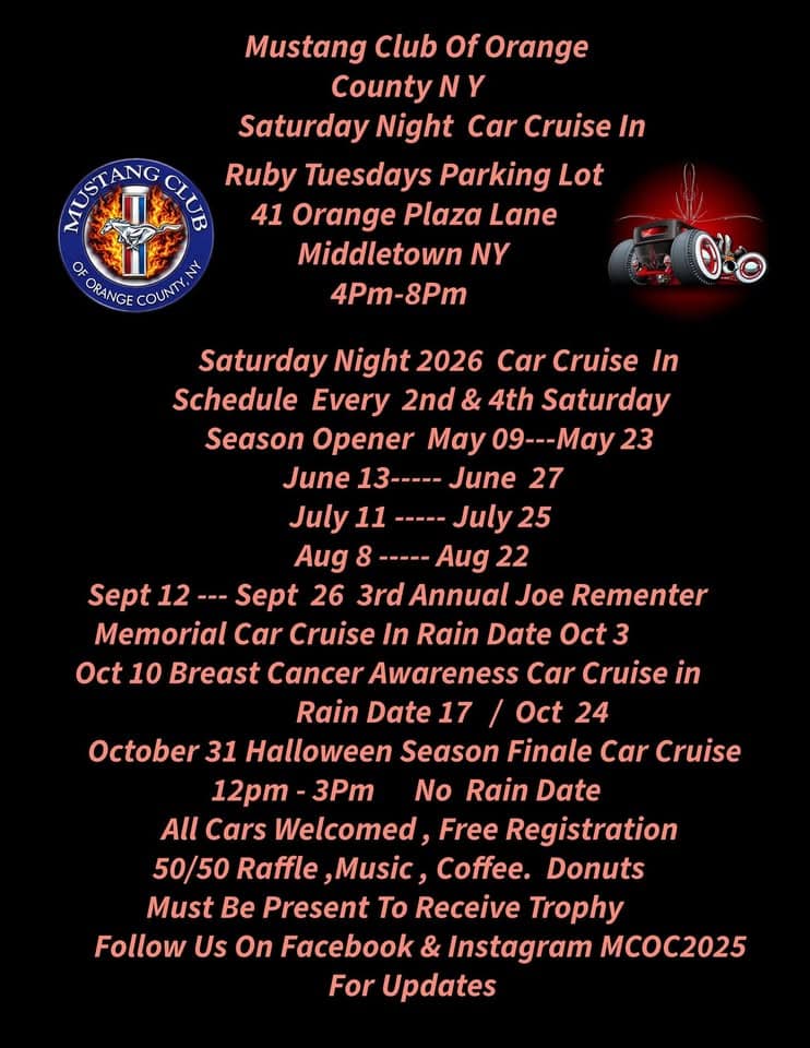 MCOC 2nd & 4th Saturday Night Car Cruise In Season Opener event at Ruby Tuesday in Middletown, NY on May 9, 2026
