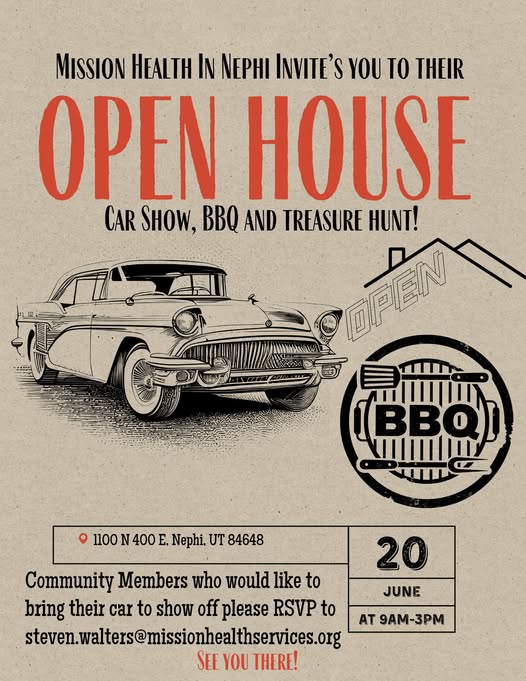Mission Health In Nephi Open House Car Show, BBQ and Treasure Hunt! event at 1100 N 400 E in Nephi, UT on June 20, 2026