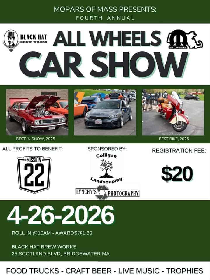 MoM All Wheels Car Show 2026 event at 25 Scotland Blvd in Bridgewater, MA on April 26, 2026