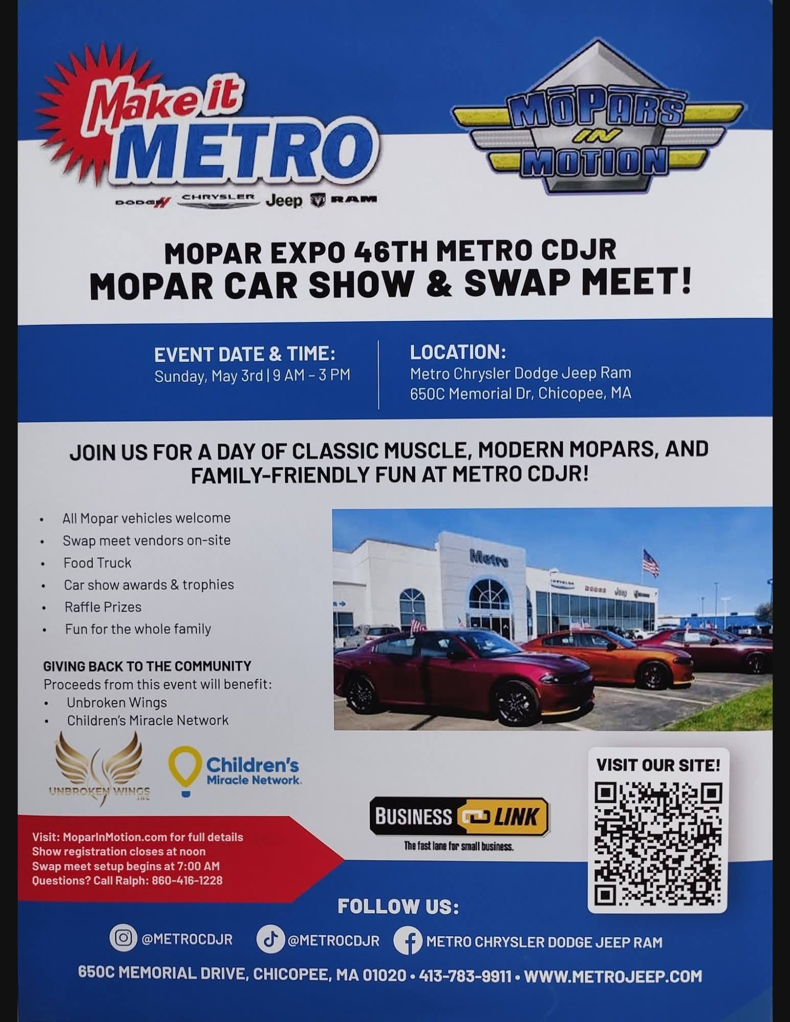 Mopar Expo 46th Metro CDJR Mopar Car Show & Swap Meet! event at Metro Chrysler Dodge Jeep Ram in Chicopee, MA on May 3, 2026