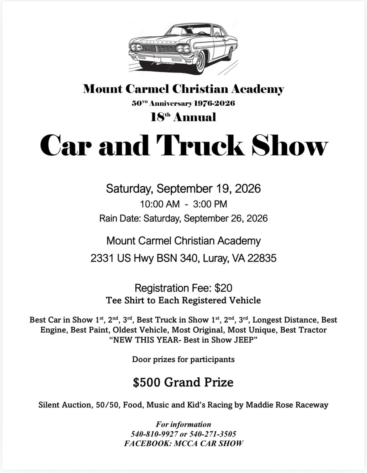 Mount Carmel Christian Academy 18th Annual Car and Truck Show event at Mount Carmel Christian Academy in Luray, VA on September 19, 2026