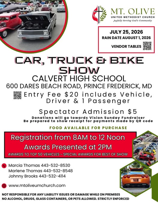 Mt. Olive United Methodist Church Car, Truck & Bike Show event at Calvert High School in Prince Frederick, MD on July 25, 2026