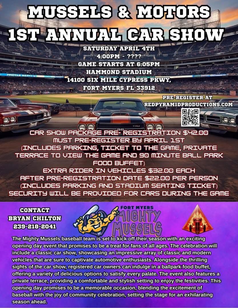 Mussels & Motors 1st Annual Car Show event at Hammond Stadium in Fort Myers, FL on April 4, 2026