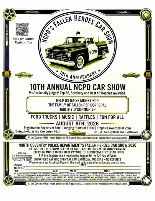 NCPD's Fallen Heroes Car Show event at Coventry Mall in Pottstown, PA on August 8, 2026