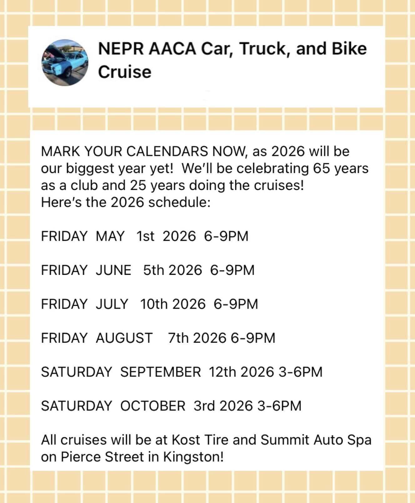 NEPR AACA Car, Truck, And Bike Cruise event at Kost Tire And Summit Auto Spa in Kingston, PA on May 1, 2026