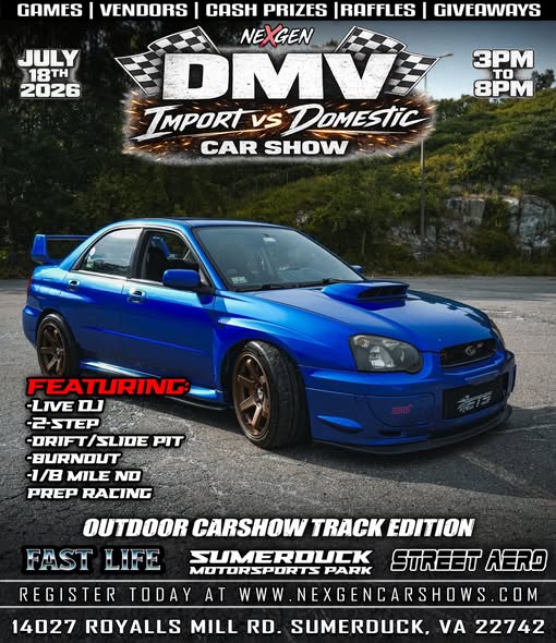 NexGen DMV Import Vs Domestic Car Show event at Sumterduck Motorsports Park in Sumterduck, VA on July 18, 2026