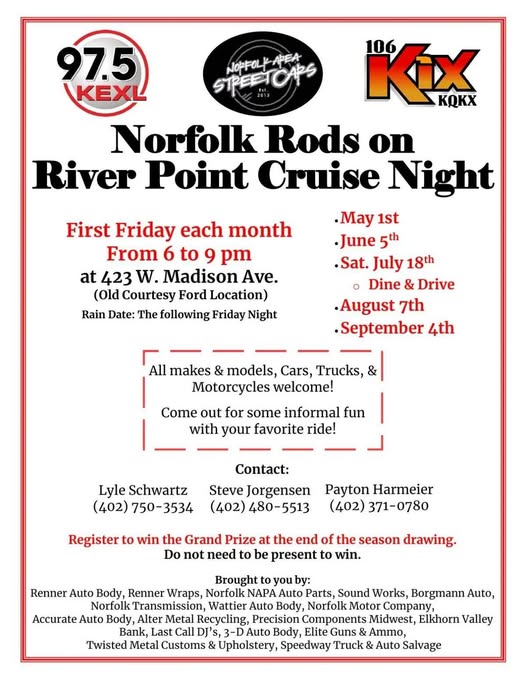 Norfolk Rods on River Point Cruise Night event at 423 W. Madison Ave. in Norfolk, NE on May 1, 2026