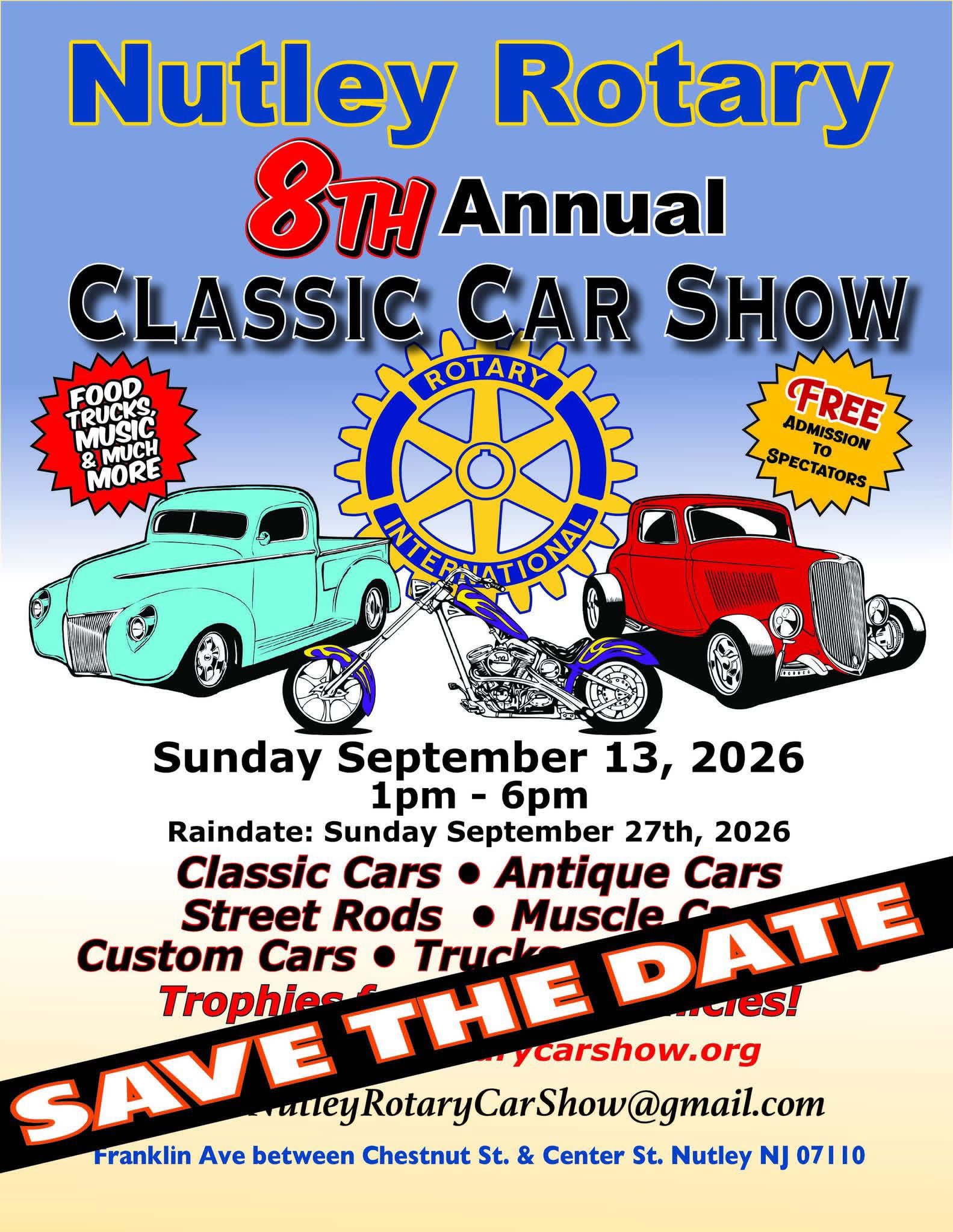 Nutley Rotary 8TH Annual Classic Car Show event at Franklin Ave between Chestnut St. & Center St. in Nutley, NJ on September 13, 2026