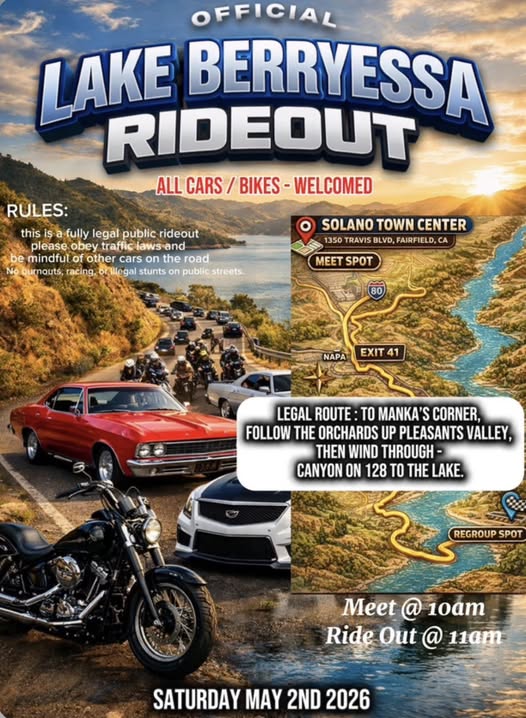 Official Lake Berryessa Rideout event at Solano Town Center in Fairfield, CA on May 2, 2026