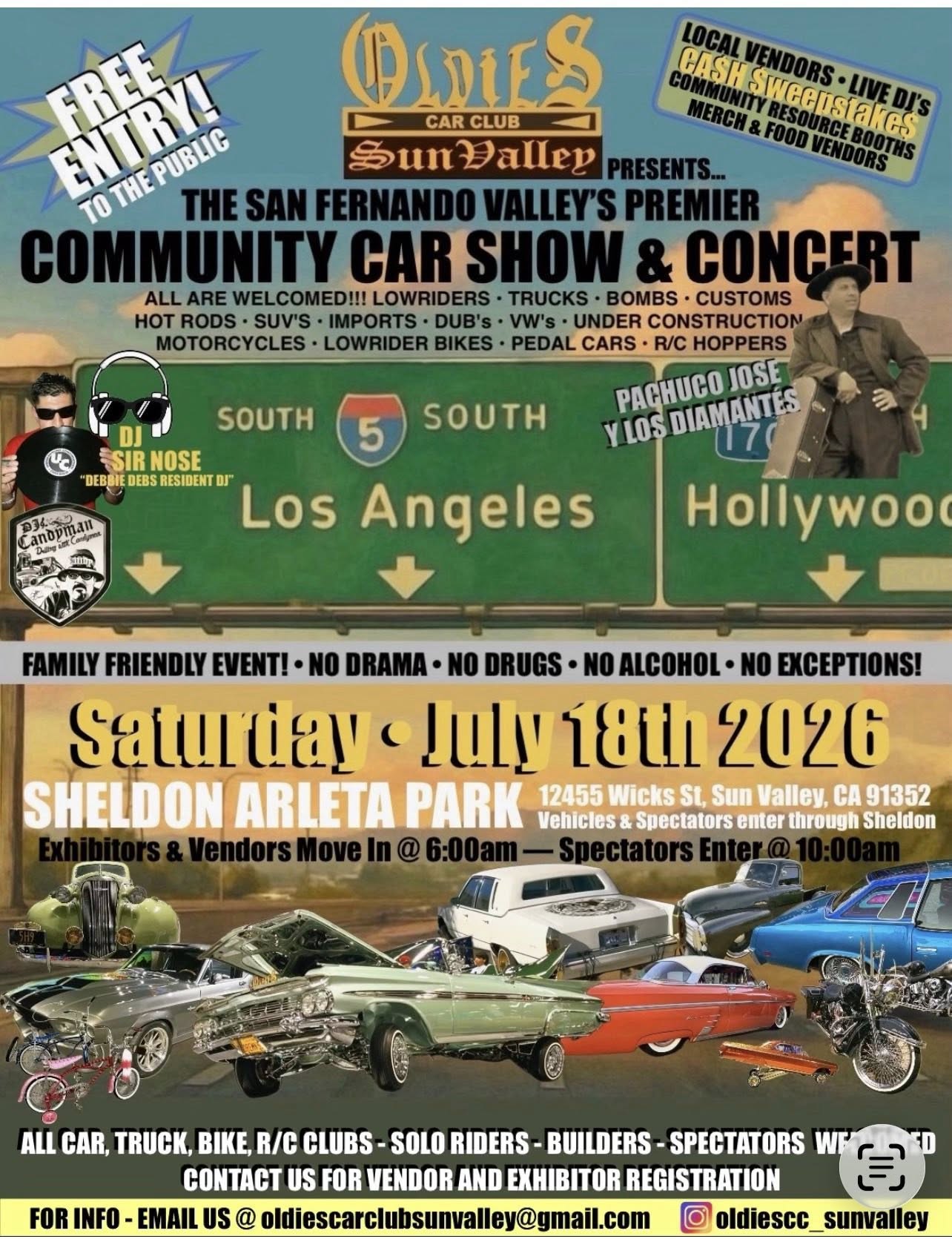 Oldies Car Club Sun Valley Presents... The San Fernando Valley's Premier Community Car Show & Concert event at Sheldon Arleta Park in Sun Valley, CA on July 18, 2026