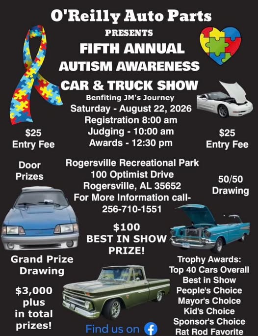 O'Reilly Auto Parts Fifth Annual Autism Awareness Car & Truck Show event at Rogersville Recreational Park in Rogersville, AL on August 22, 2026