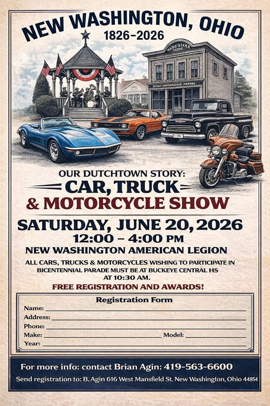 Our Dutchtown Story: Car, Truck & Motorcycle Show event at New Washington American Legion in New Washington, OH on June 20, 2026