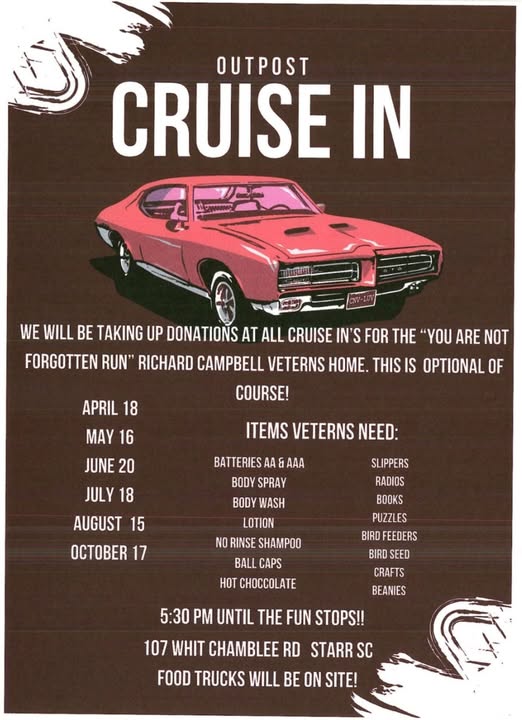 Outpost Cruise In event at 107 Whit Chamblee Rd in Starr, SC on April 18, 2026