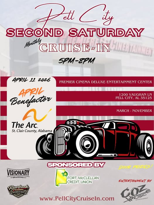 Pell City Second Saturday Monthly Cruise-In event at Premier Cinema Deluxe Entertainment Center in Pell City, AL on April 11, 2026