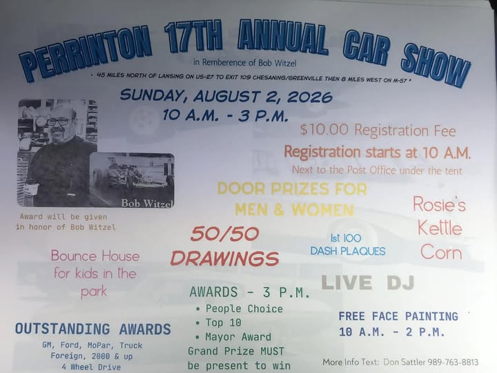 Perrinton 17th Annual Car Show event at Perrinton in Perrinton, MI on August 2, 2026