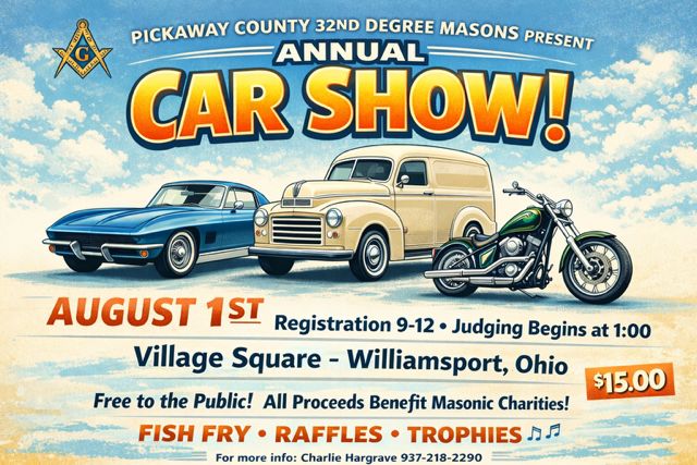 Pickaway County 32nd Degree Masons Annual Car Show event at Village Square in Williamsport, OH on August 1, 2026