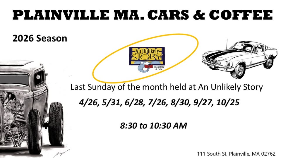 Plainville MA. Cars & Coffee event at An Unlikely Story in Plainville, MA on April 30, 2026